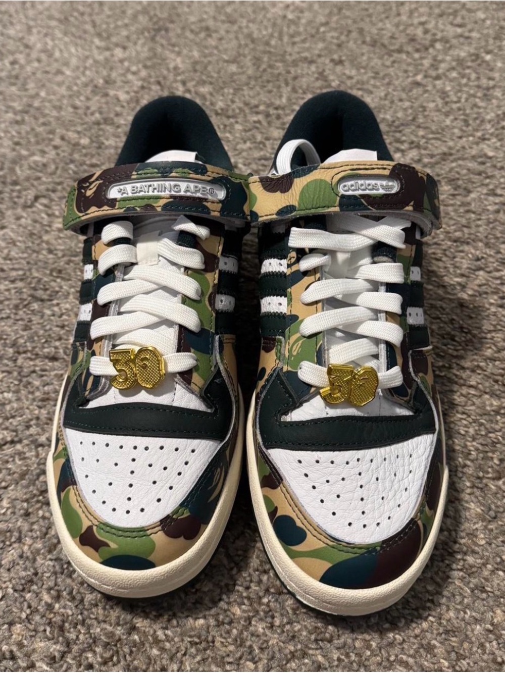 Bape Camo Low-Top Sneakers in Green, Brown, White with Gold Accents